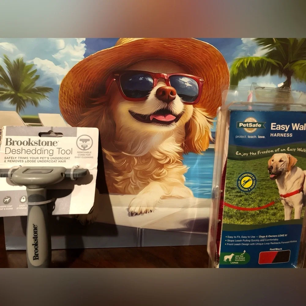 PET Bundle -PetSafe Easy Walk Dog Harness & Brookstone Deshedding Tool